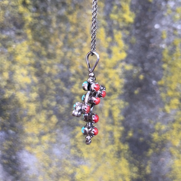 Vintage Red Coral / Turquoise Cross Necklace - Picture 8 of 8